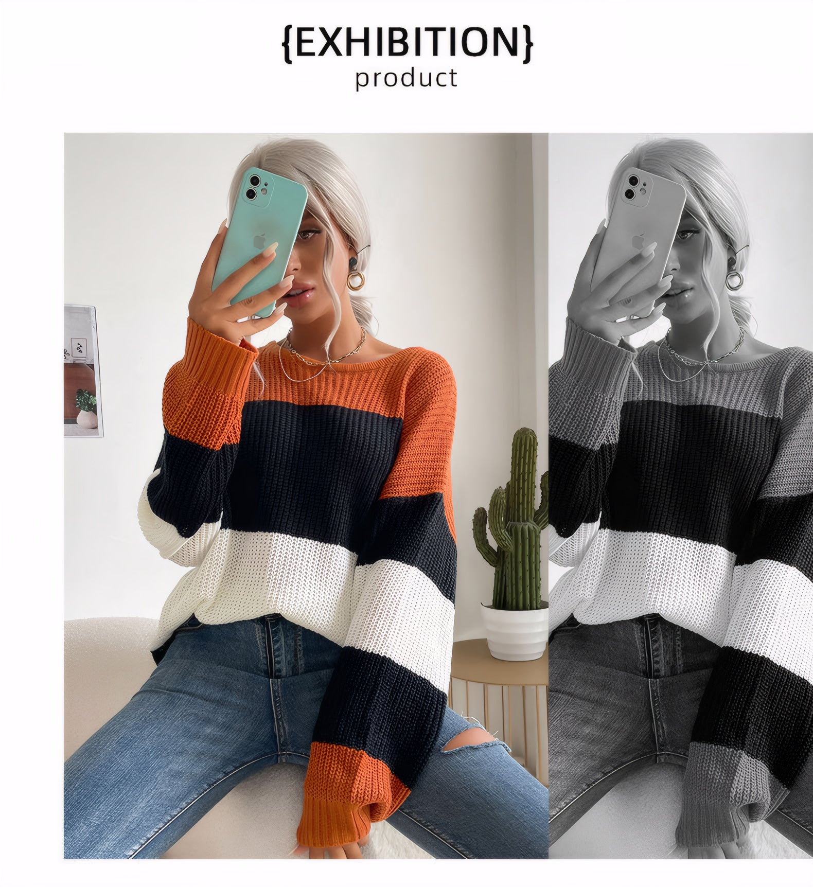 Pull en maille col rond, blocs de couleur