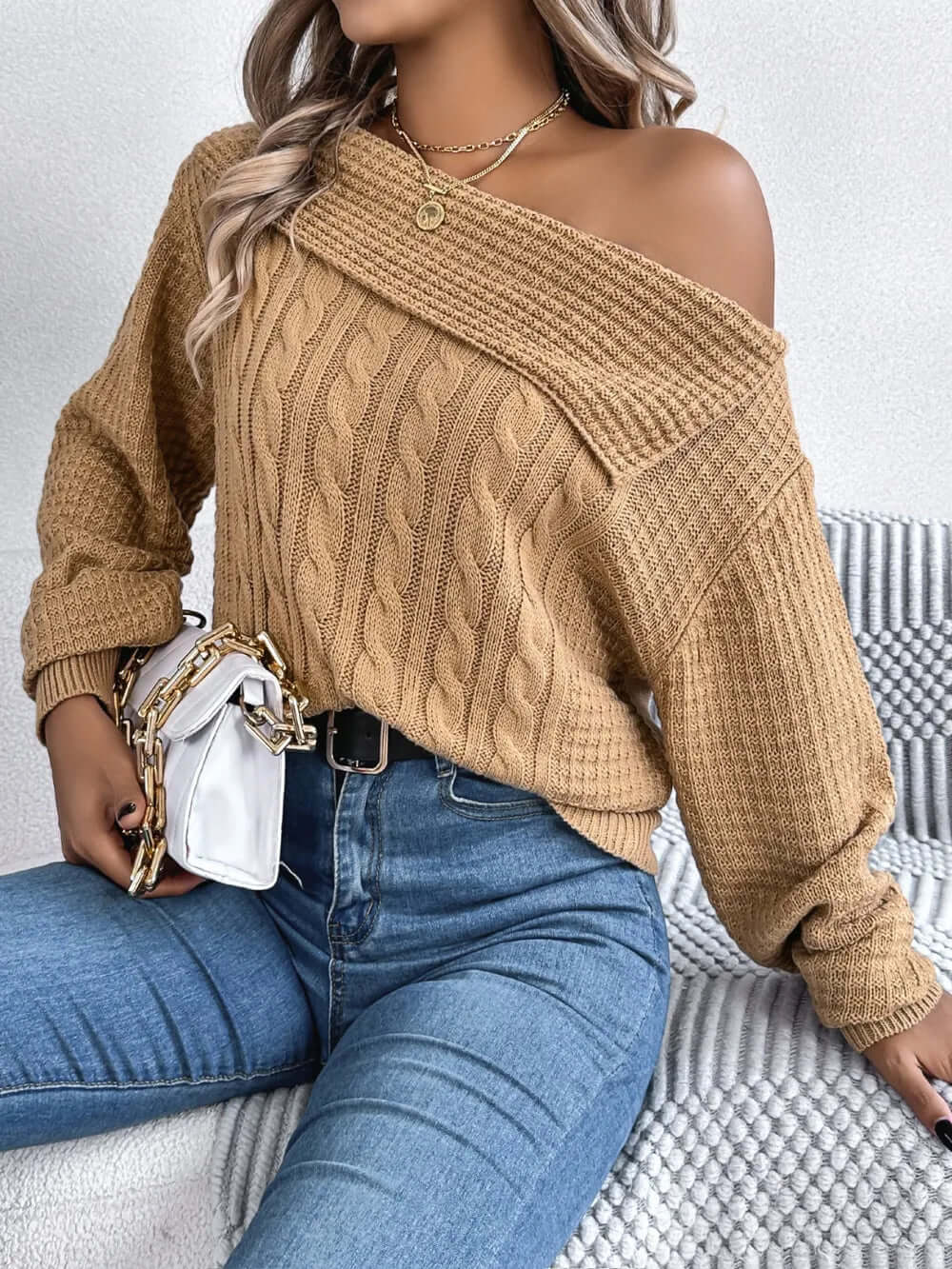 Amélie One-Shoulder Cable-Knit Sweater#Color_Camel