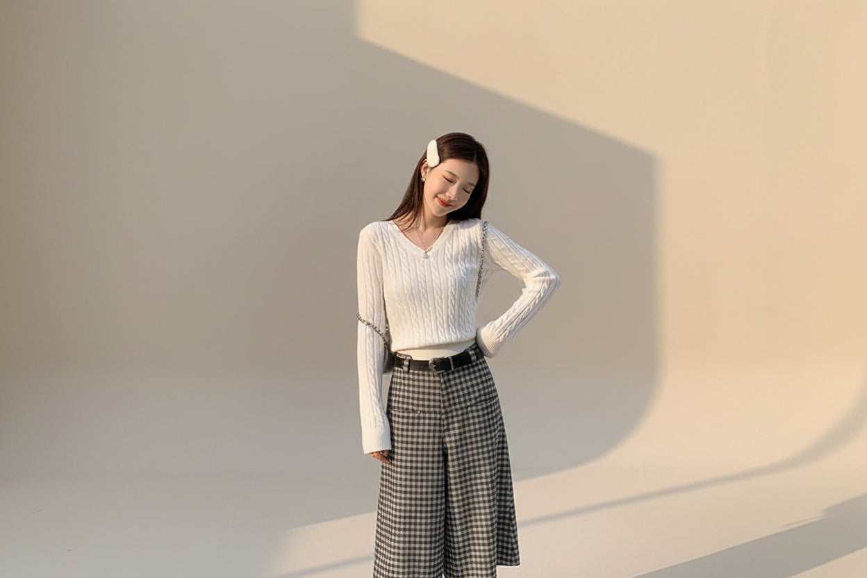 ELNOVÉ V-Neck Cable Knit Loose Sweater