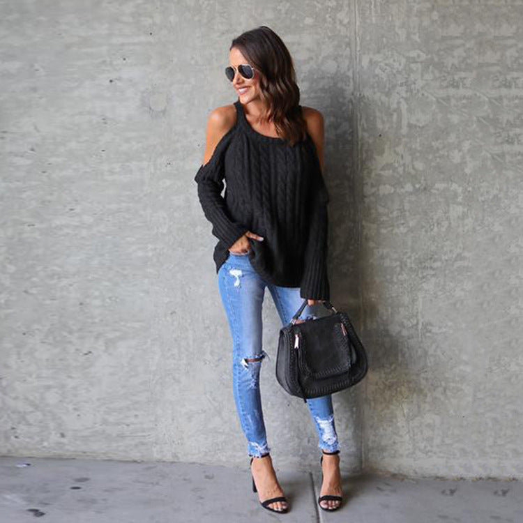 off-shoulder twist knit sweater #Color_Black