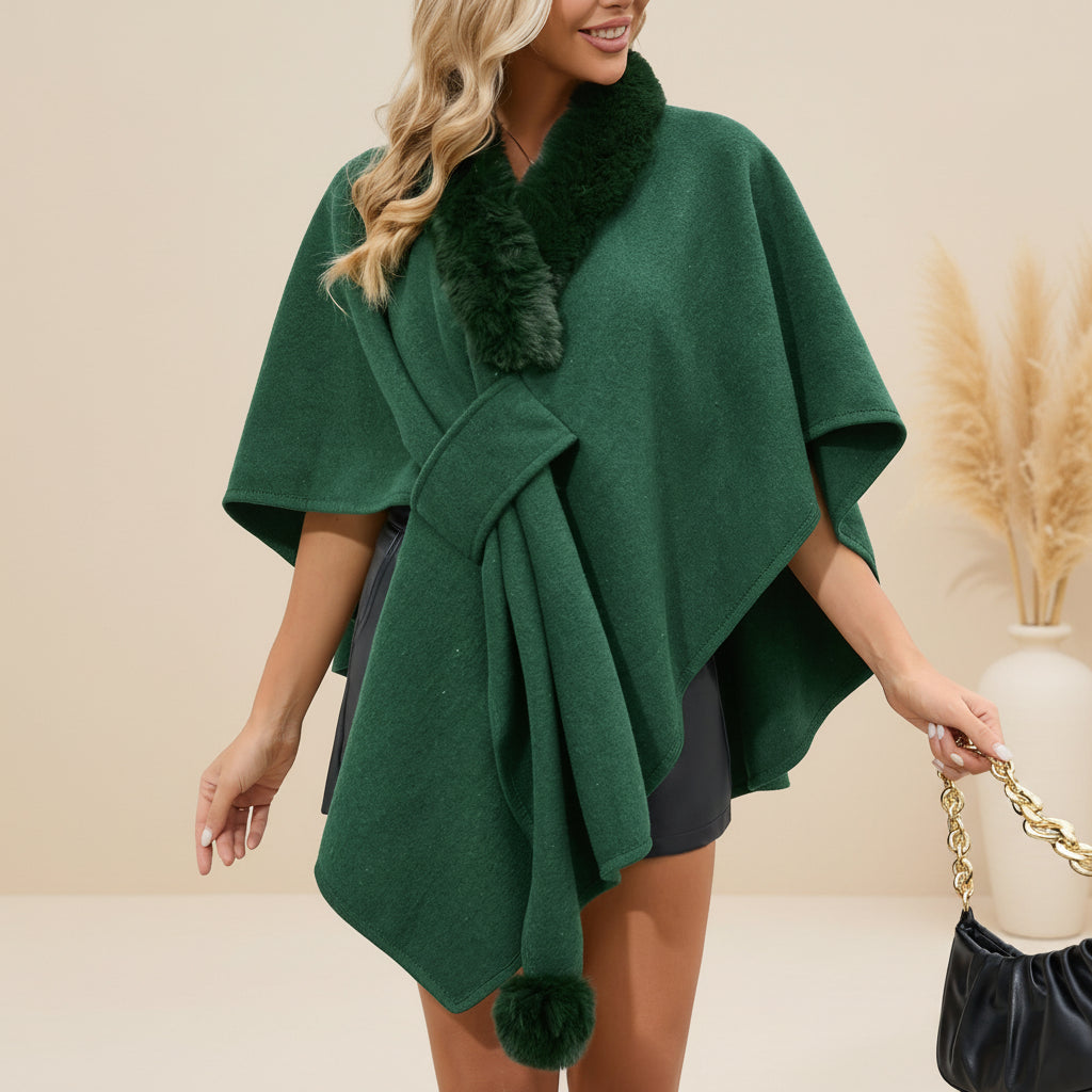 ELNOVÉ Fur Collar Knit Cape Shawl