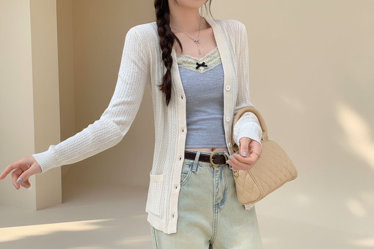 White Cable Knit V-Neck Cardigan — Front View