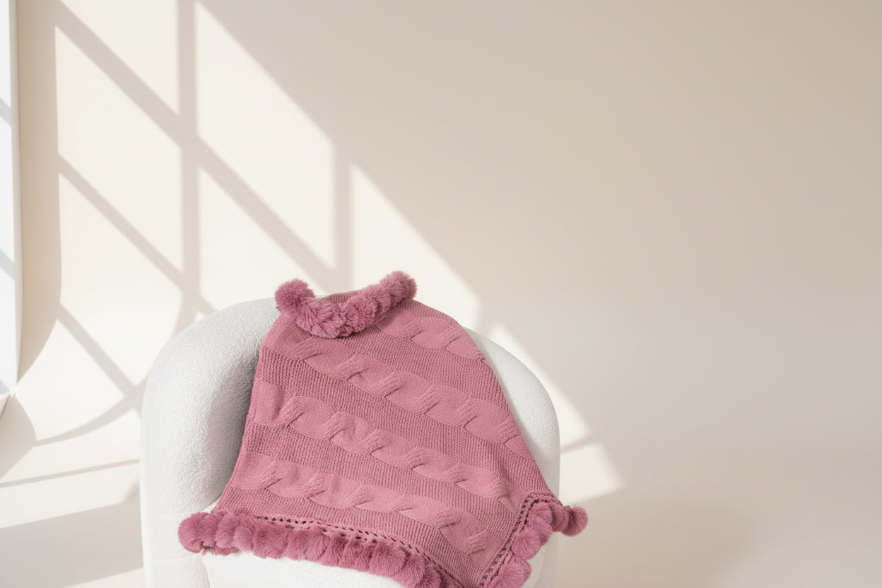 Fuzzy Hem Cable-Knit Poncho — Detail View 8