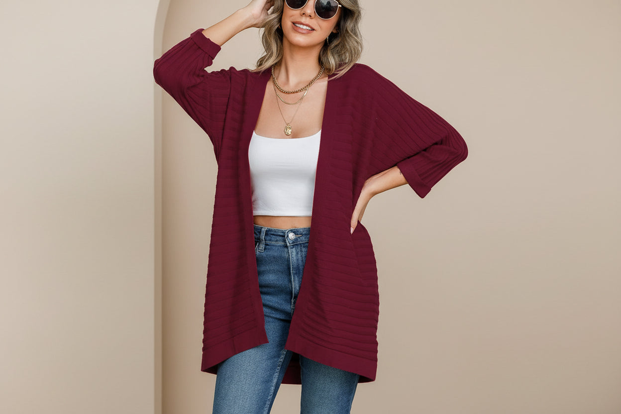 Striped Open Front Knit Cardigan — Front View