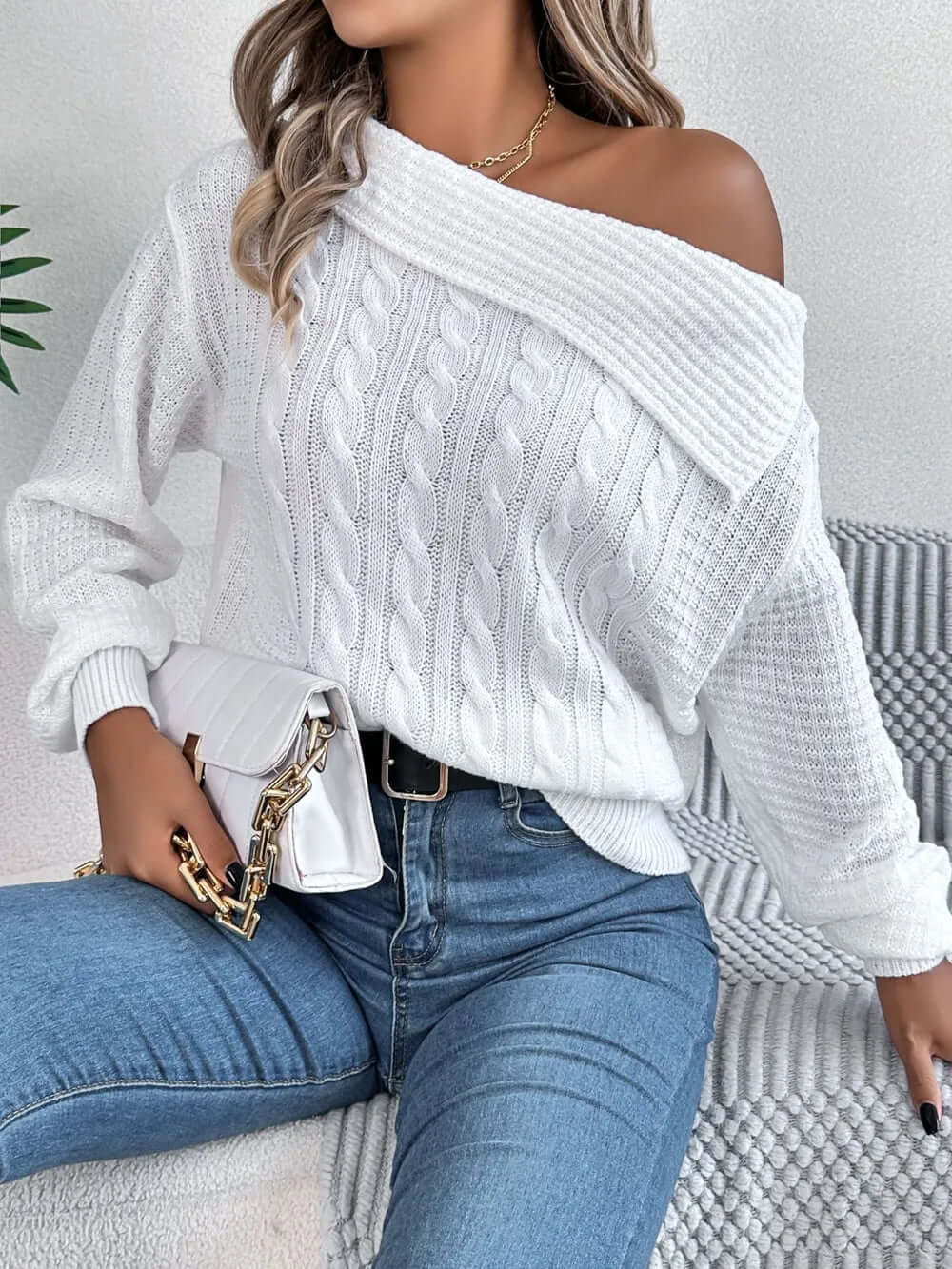 Amélie One-Shoulder Cable-Knit Sweater#Color_White