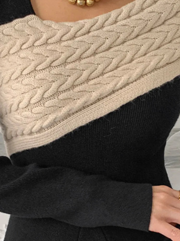 irregular-collar contrast knit dress