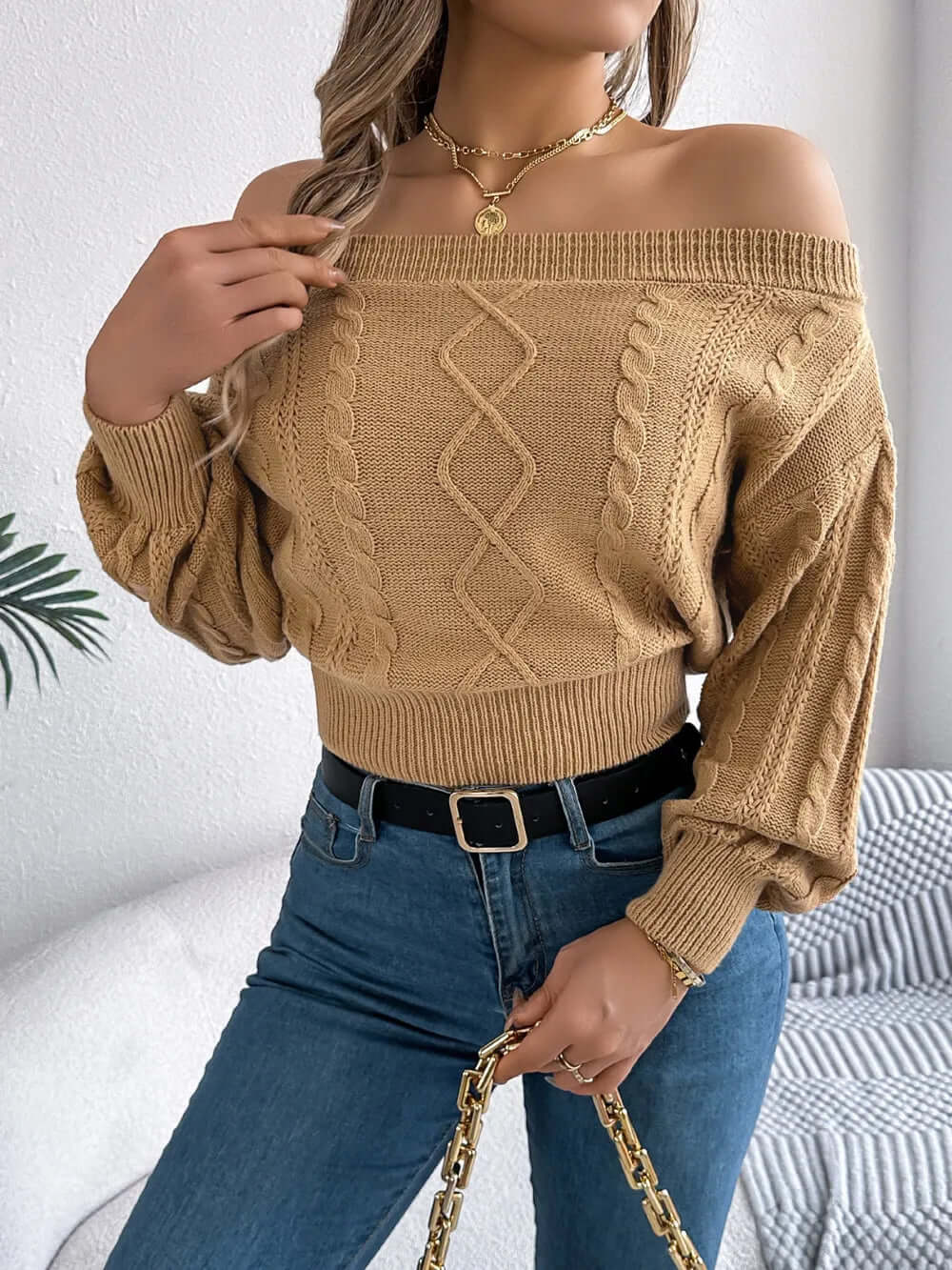 Colette Off-Shoulder Cable-Knit Sweater#Color_Camel