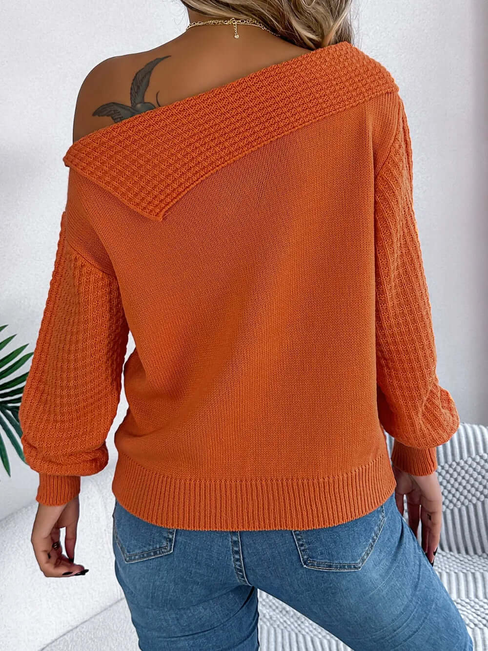 Amélie One-Shoulder Cable-Knit Sweater#Color_Orange