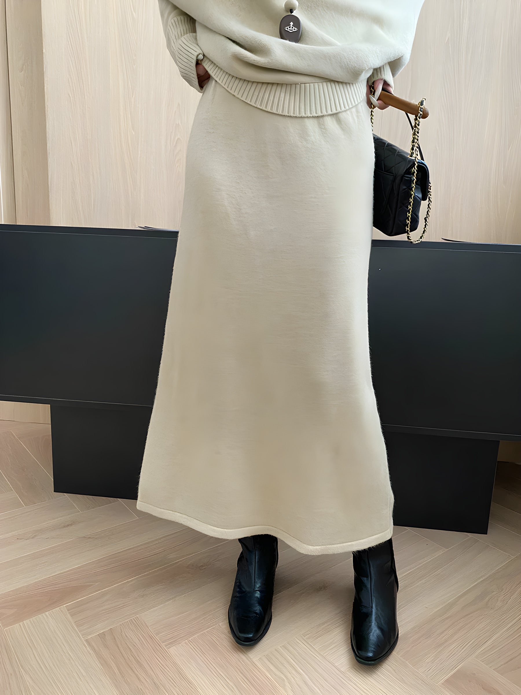 batwing off-shoulder knit two-piece set#Color_Apricot