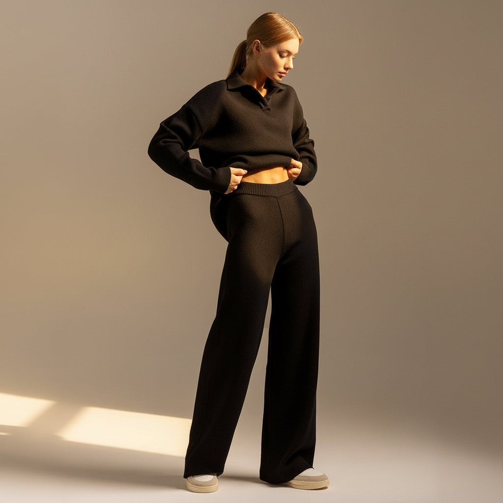 High Neck Knit Sweater & Wide Leg Pants Set — Detail View 4
