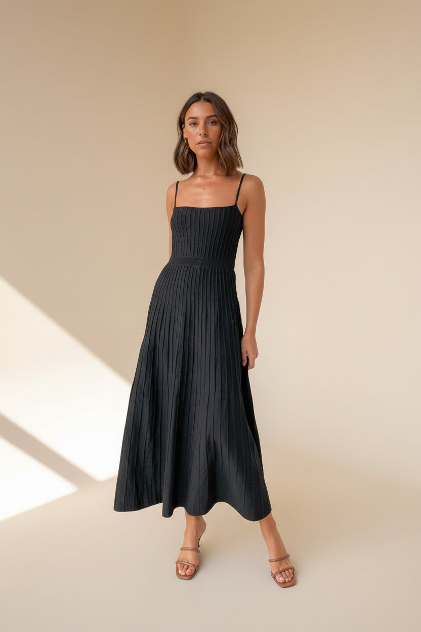 Solid Pleated Knit Slip Dress — styling view