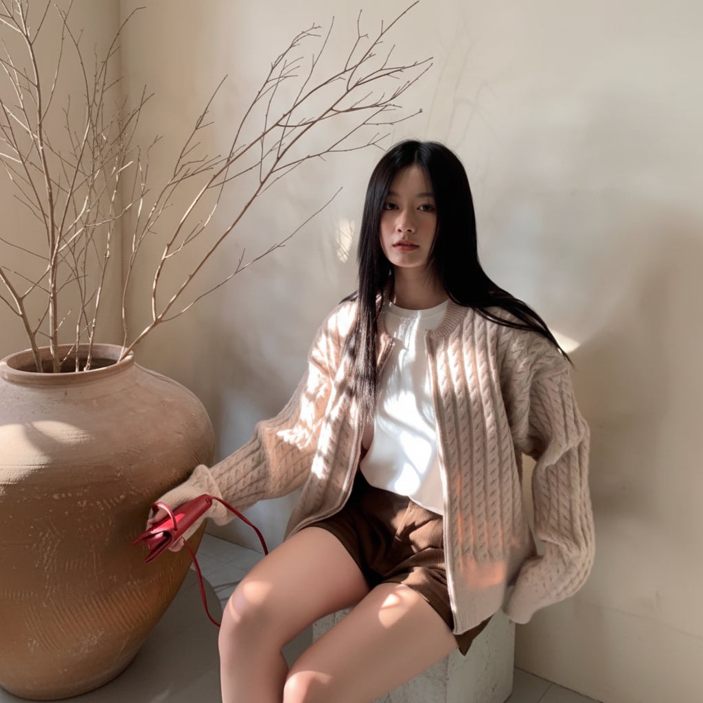 ELNOVÉ Color-Block Stripe Cable Knit Zip Cardigan