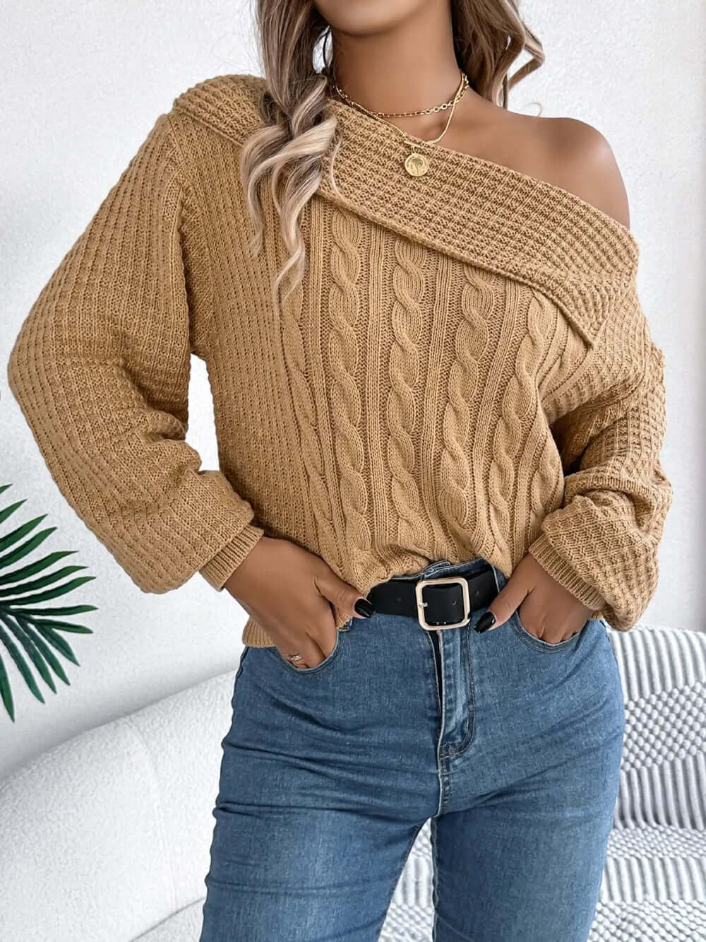 Amélie One-Shoulder Cable-Knit Sweater#Color_Camel