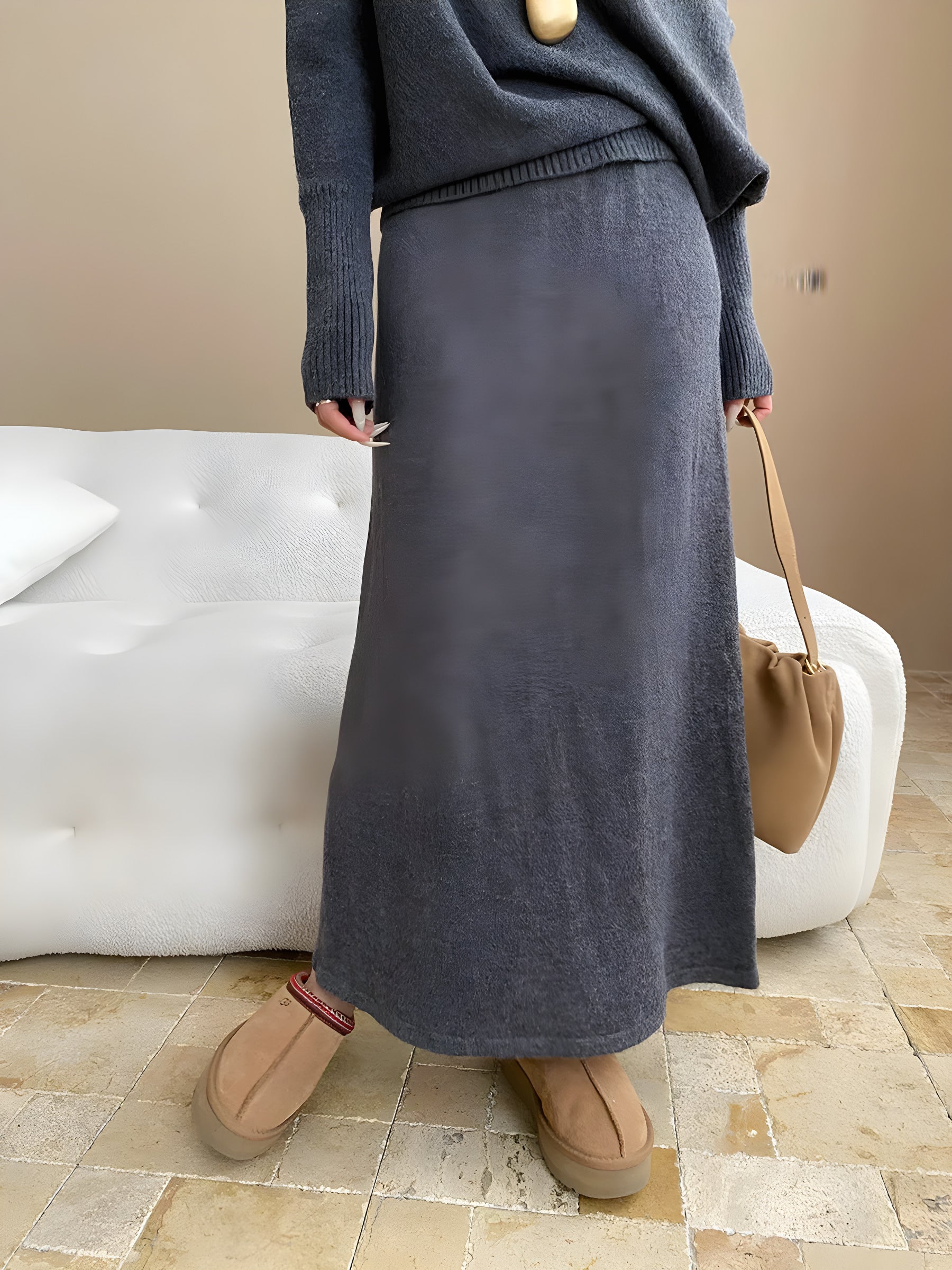 batwing off-shoulder knit two-piece set#Color_Gray