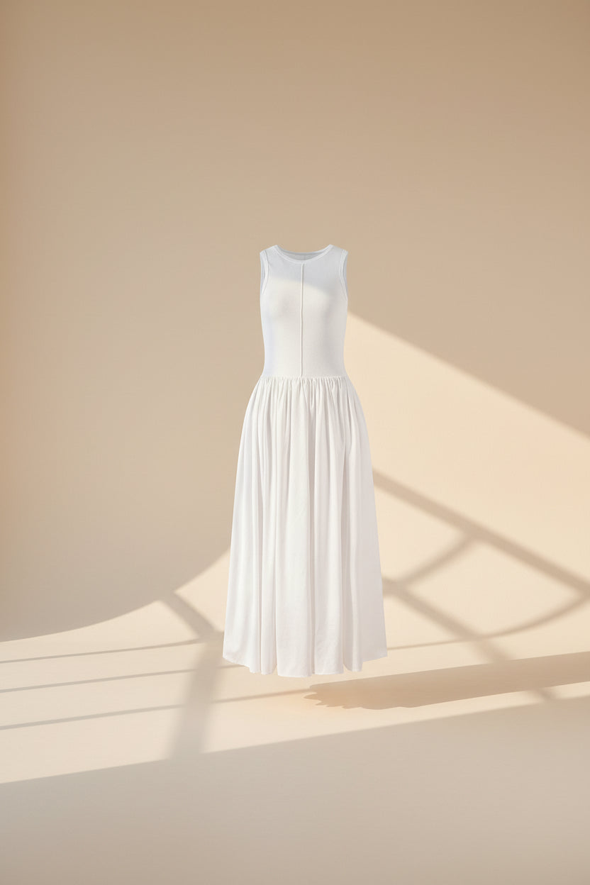 Minimalist Cotton Knit Patchwork Maxi Dress — front view