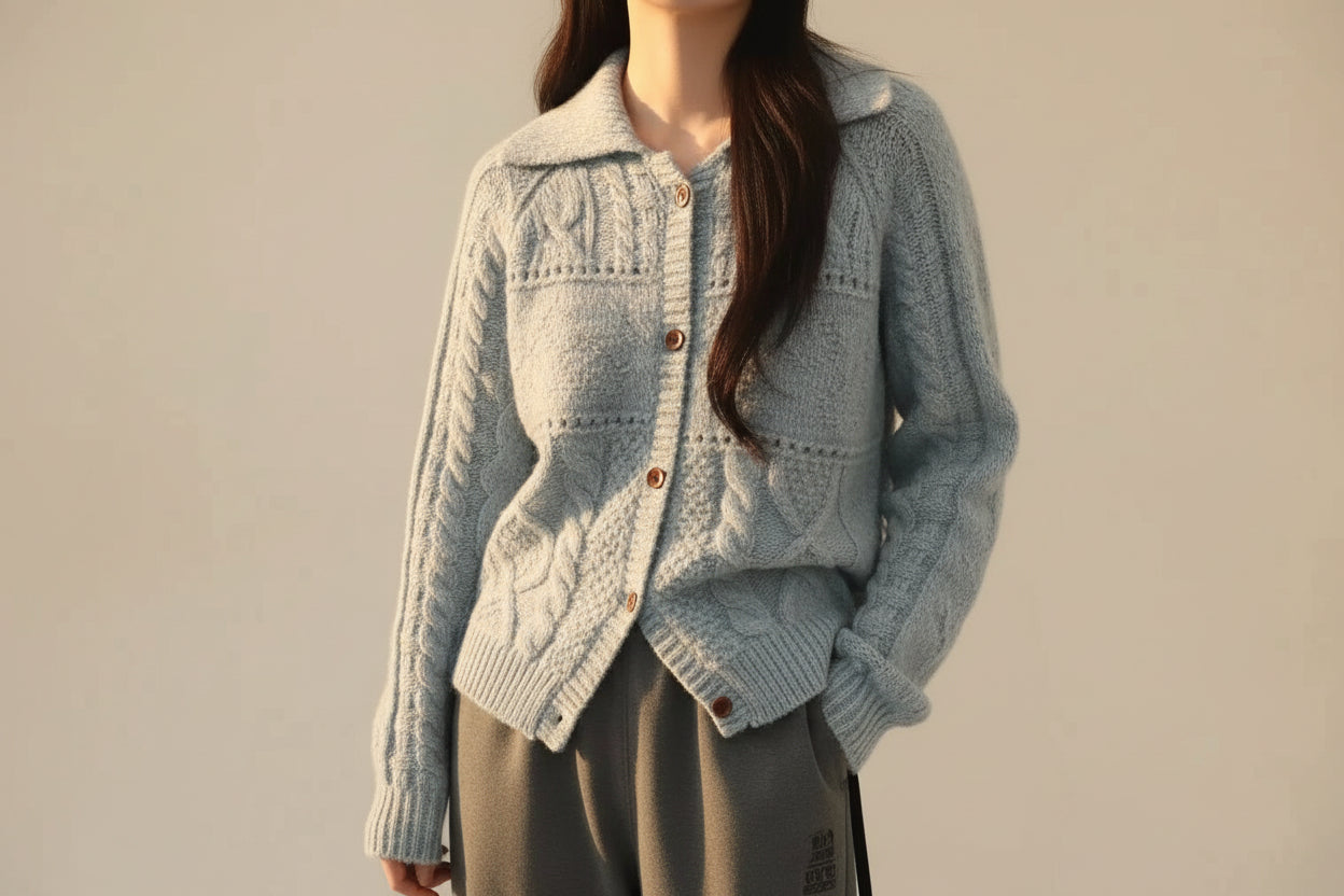 ELNOVÉ Cable Knit Collar Cardigan