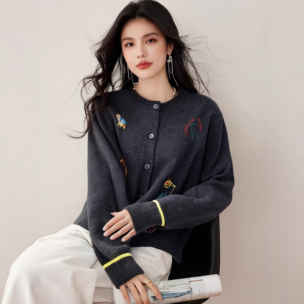 Embroidered Open-Front Knit Cardigan — Detail View 2