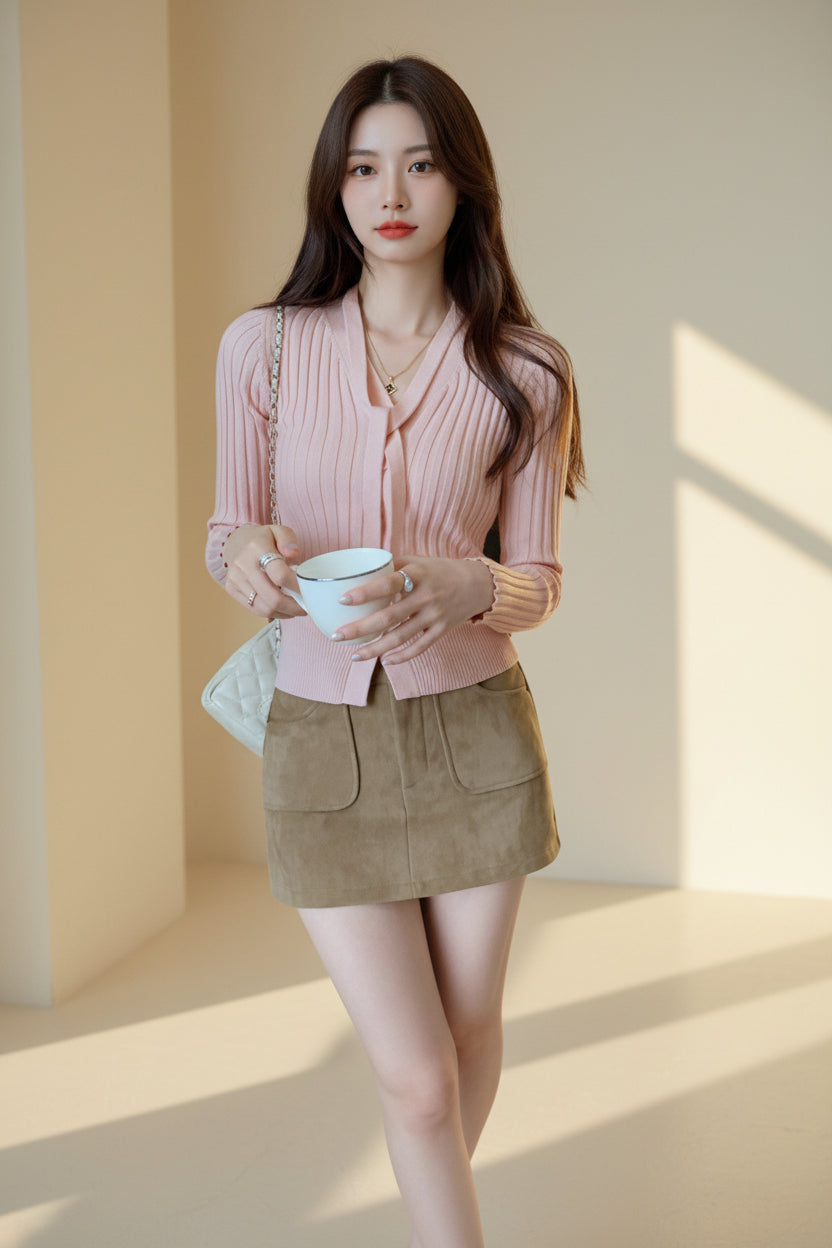 V-Neck Button Knit Top — Detail View 5