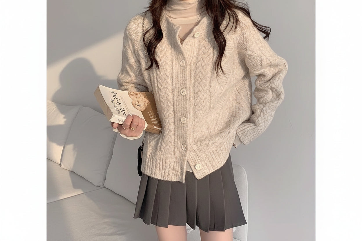 Round Neck Cable Knit Cardigan — Detail View 3