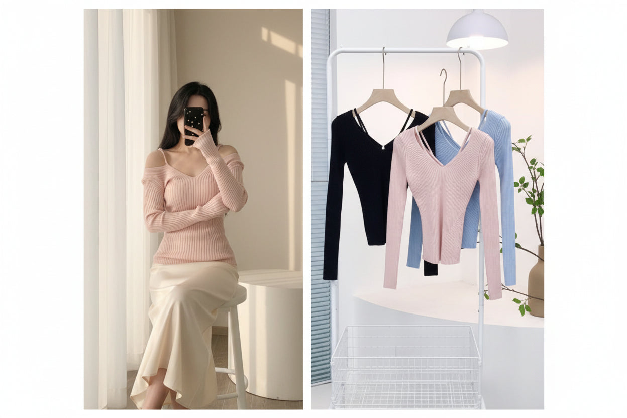 Off‑Shoulder Ribbed Knit Top — Front View