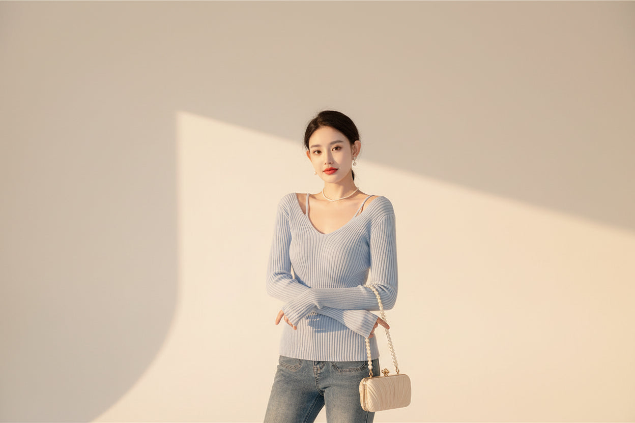 Off‑Shoulder Ribbed Knit Top — Styling Detail