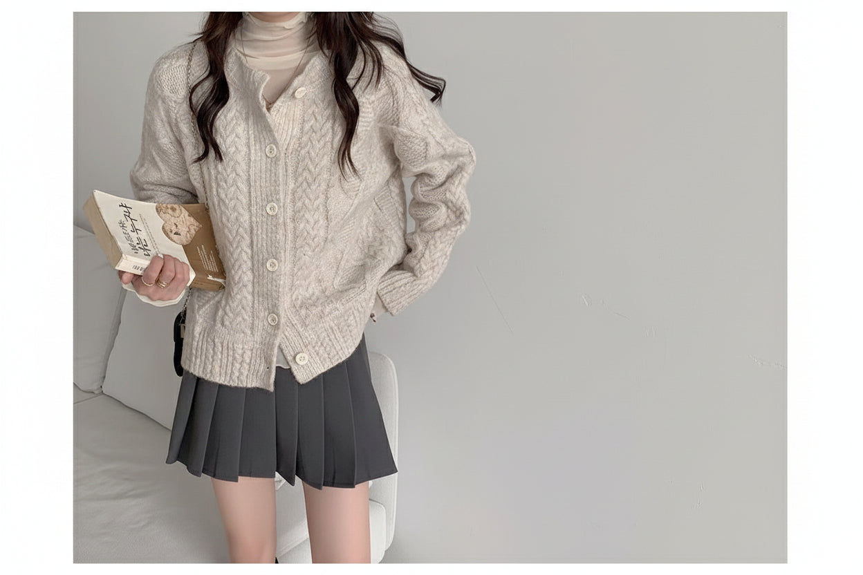 Round Neck Cable Knit Cardigan — Detail View 7