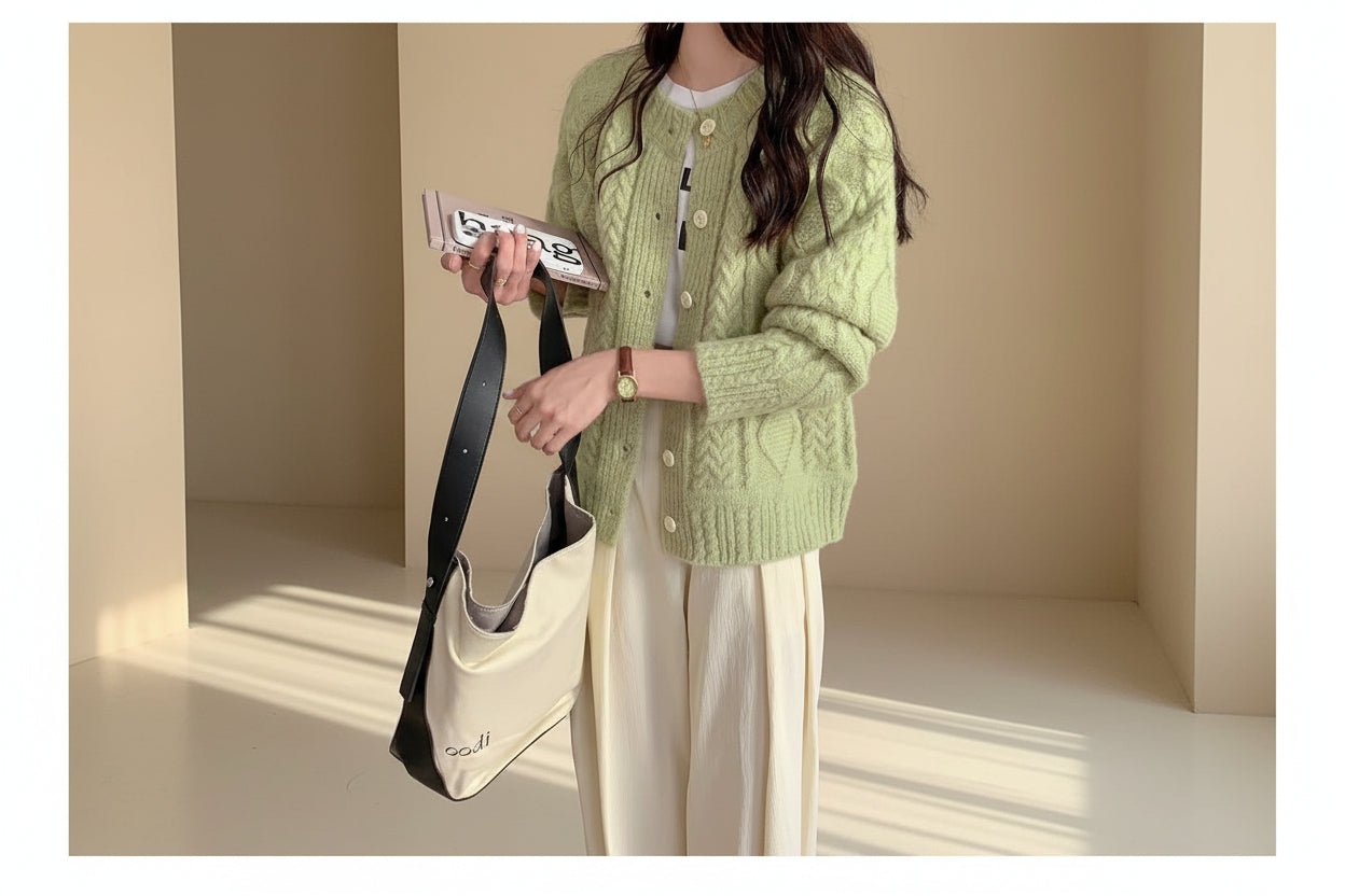 Round Neck Cable Knit Cardigan — Detail View 8