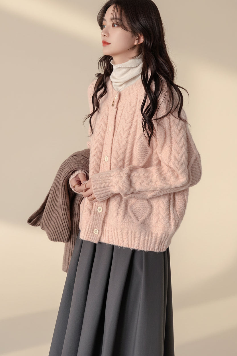 Round Neck Cable Knit Cardigan — Detail View 5