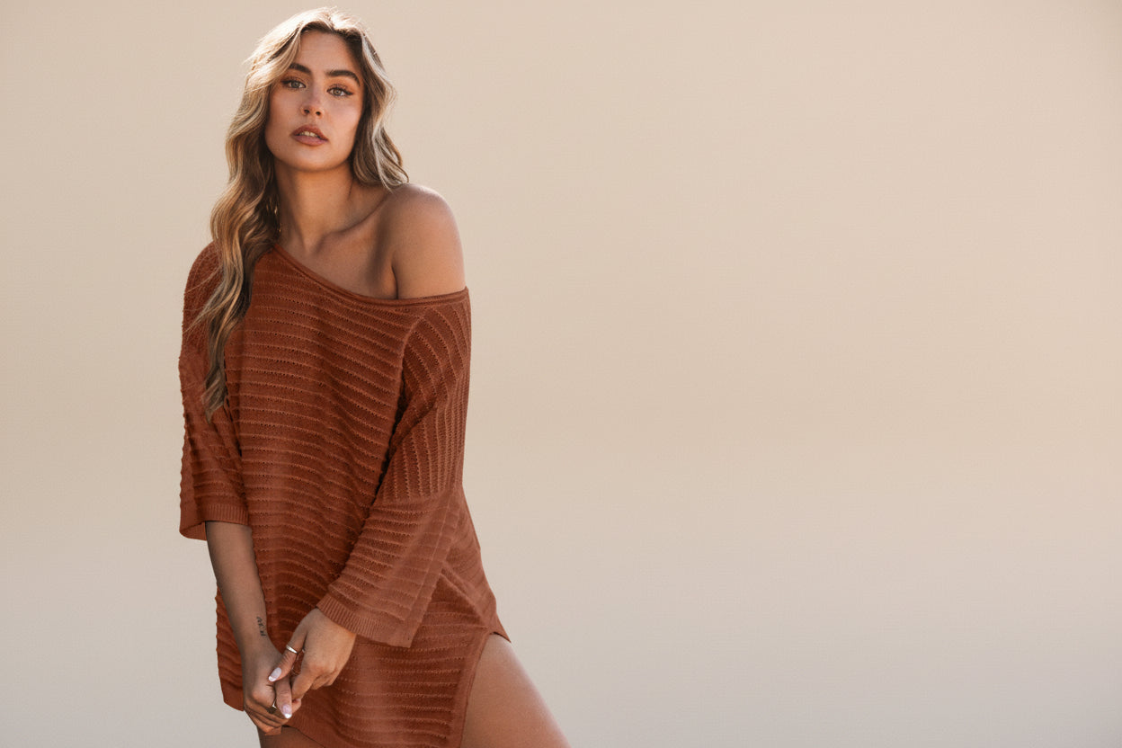 Apricot Textured Knit Drop Shoulder Tee — Back View