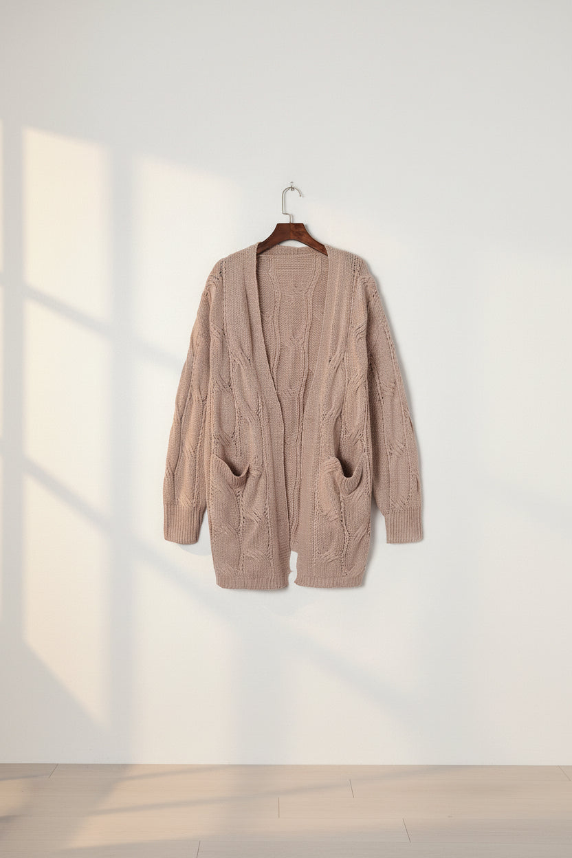 Ribbed Trim Eyelet Cable Knit Cardigan — View 64