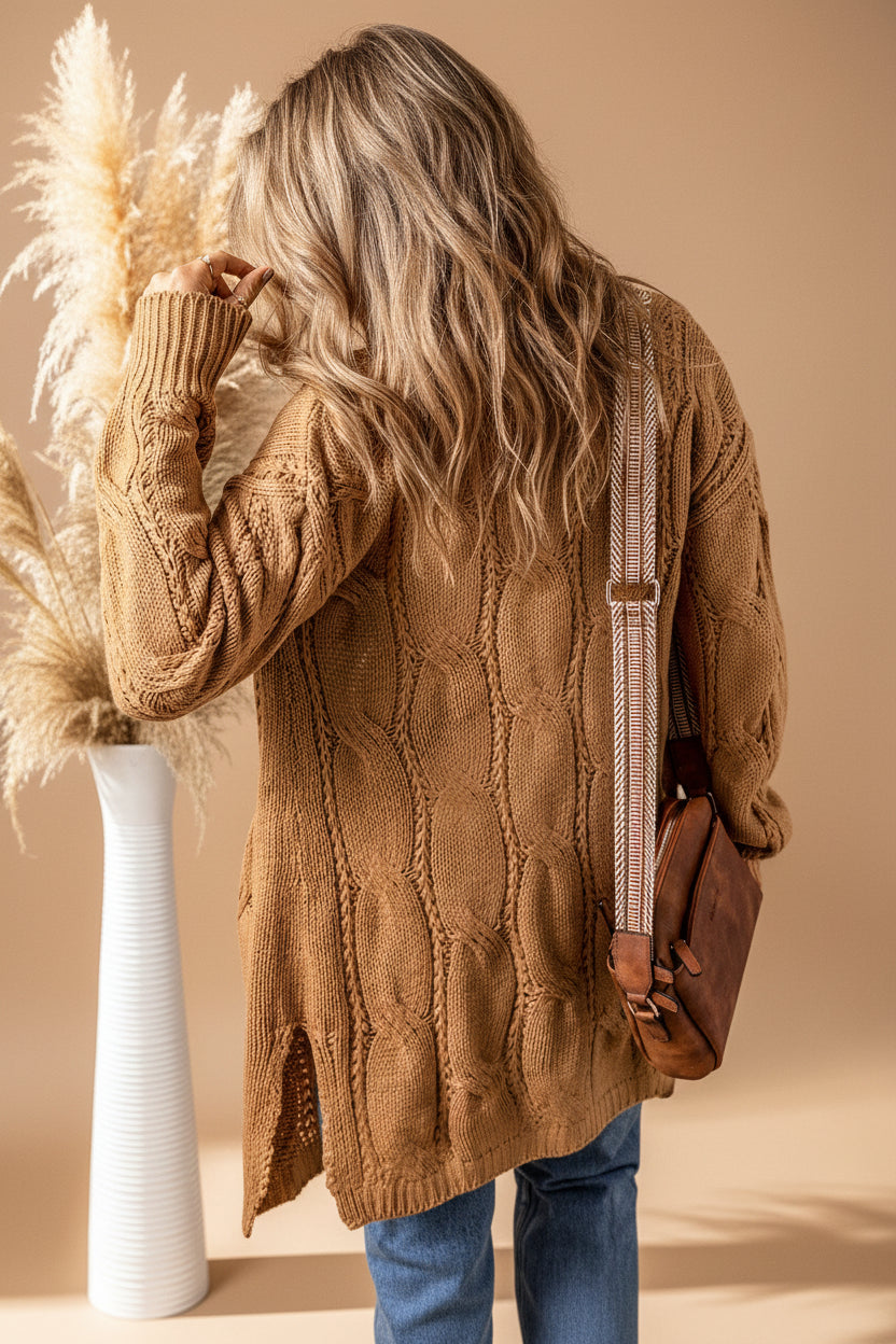 Ribbed Trim Eyelet Cable Knit Cardigan — View 34