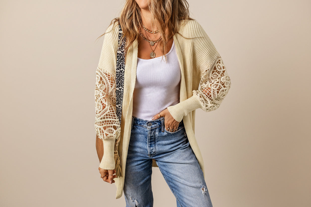 Black Lace Sleeve Ribbed Knit Cardigan — Back View