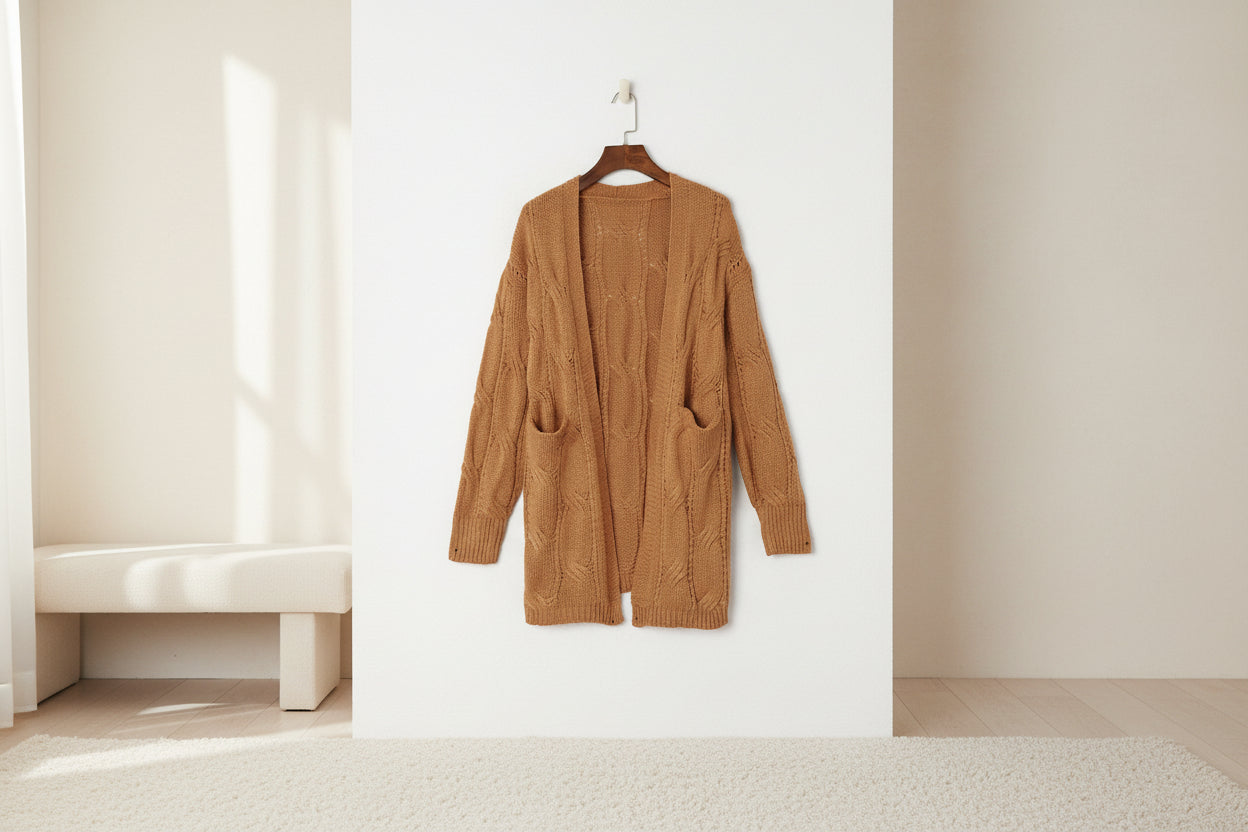 Ribbed Trim Eyelet Cable Knit Cardigan — View 47