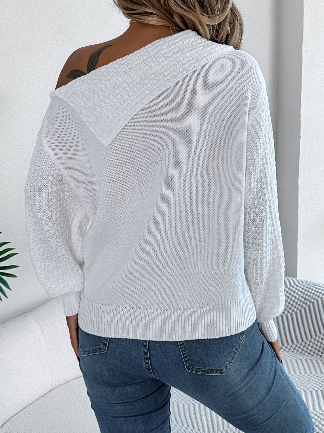 ELNOVÉ Amélie One-Shoulder Cable-Knit Sweater #Color_White