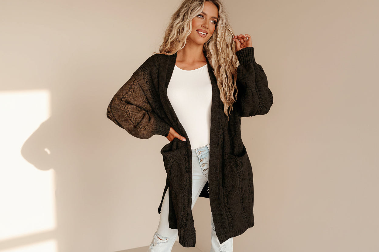 Ribbed Trim Eyelet Cable Knit Cardigan — View 11