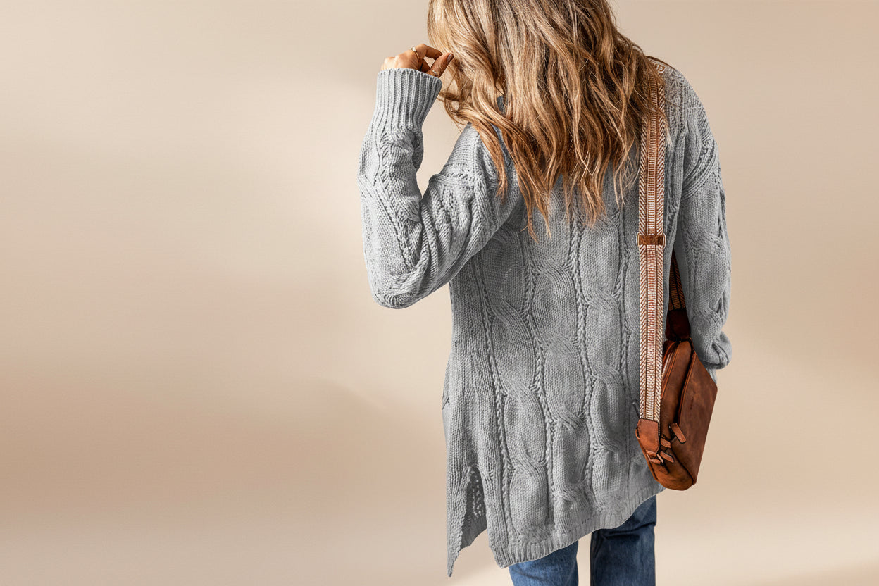 Ribbed Trim Eyelet Cable Knit Cardigan — View 53