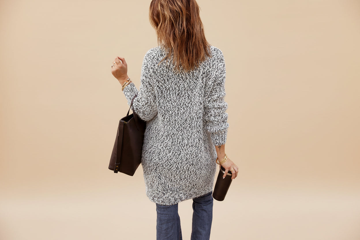 Gray Fuzzy Knit Cardigan with Pockets — Back View
