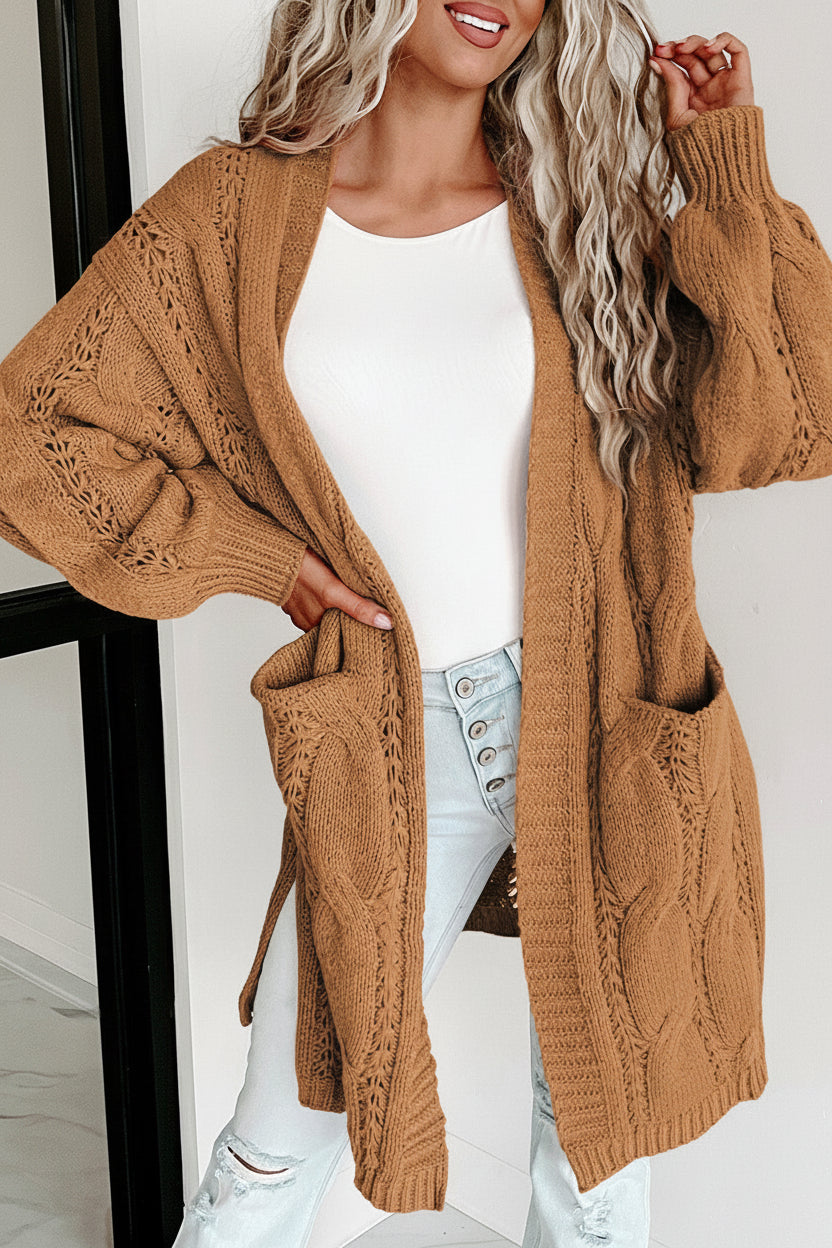 Ribbed Trim Eyelet Cable Knit Cardigan — View 41