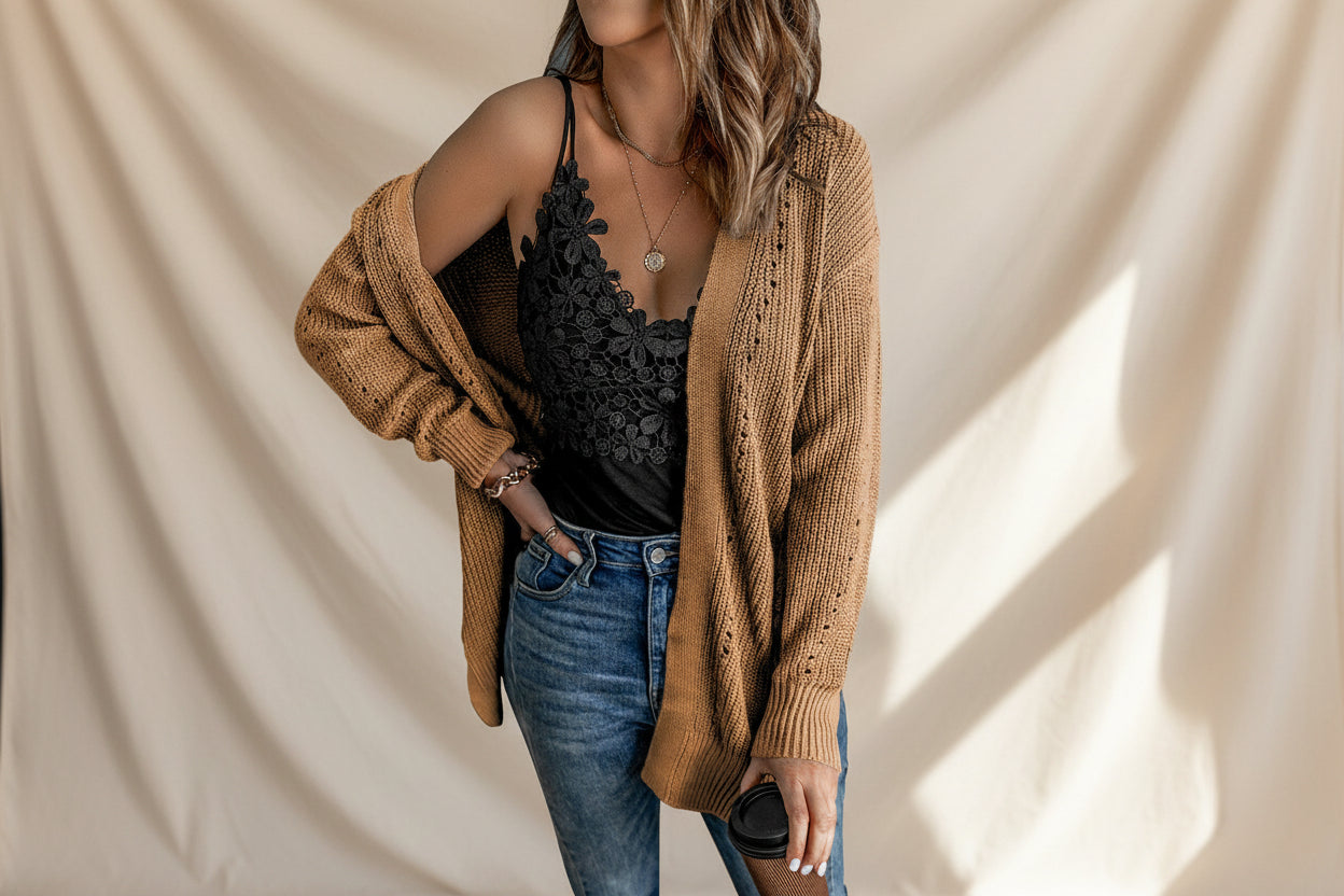 Apricot Cable Knit Drop Sleeve Cardigan — Styling Detail