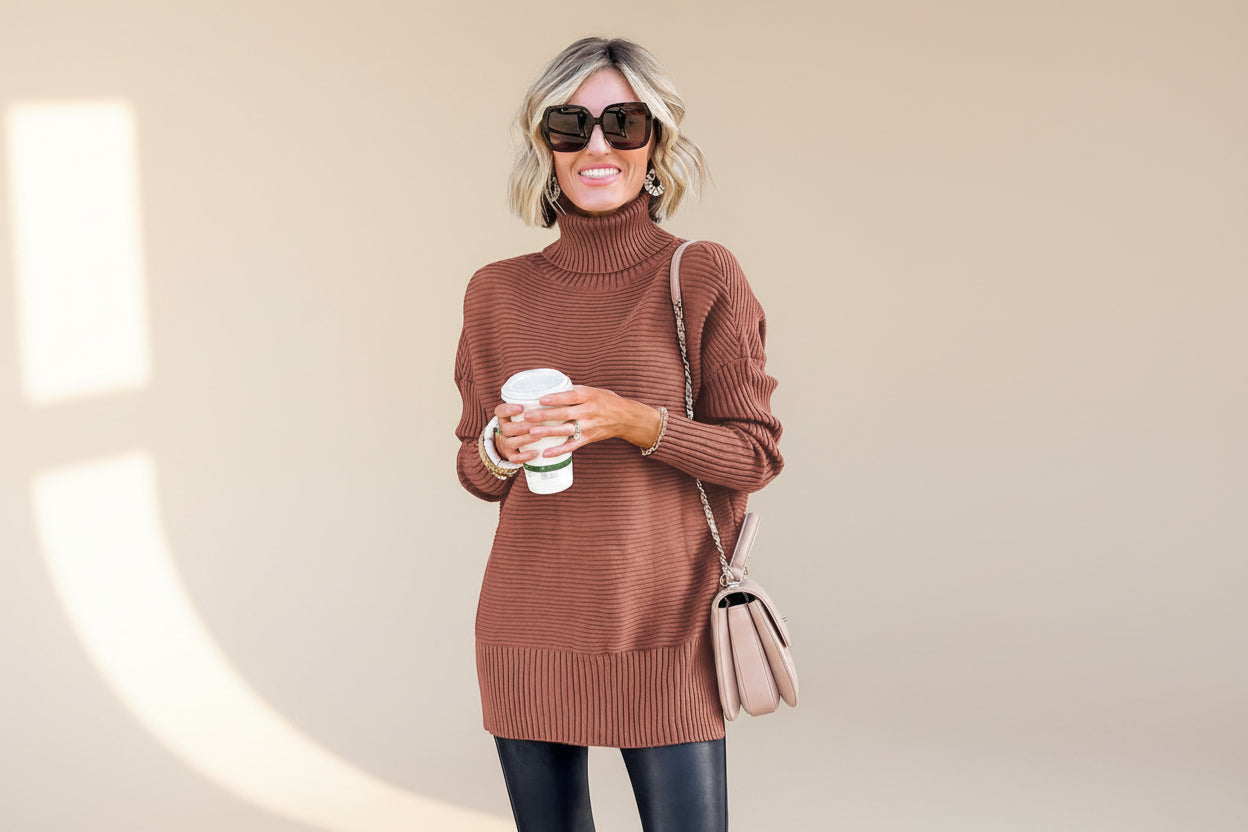 Mineral Red Ribbed Turtleneck Knit Sweater — Detail View 1