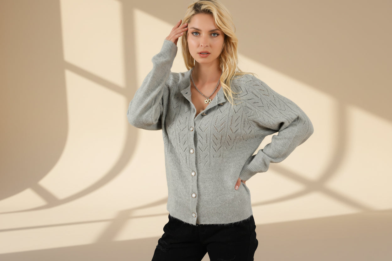 Openwork Buttoned Knit Cardigan — Detail View 1