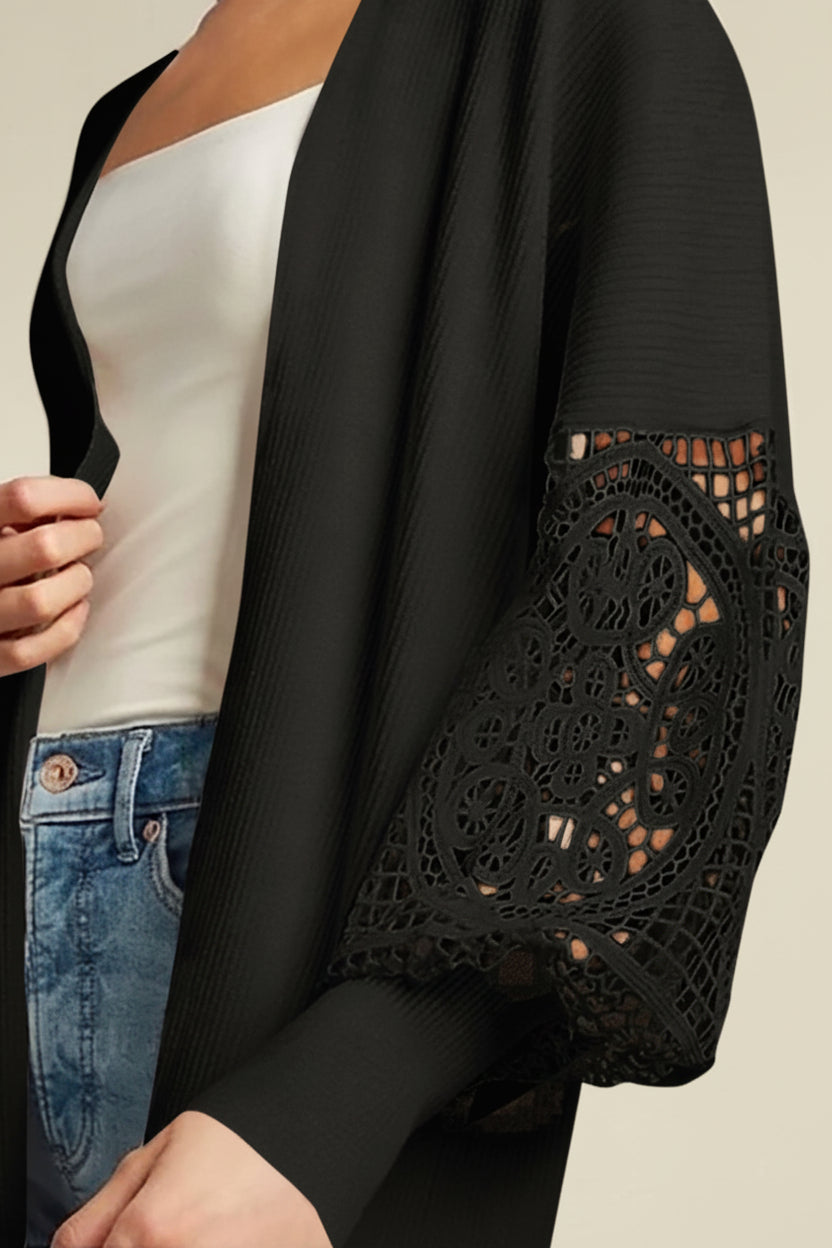 Black Lace Sleeve Ribbed Knit Cardigan — Detail View 1