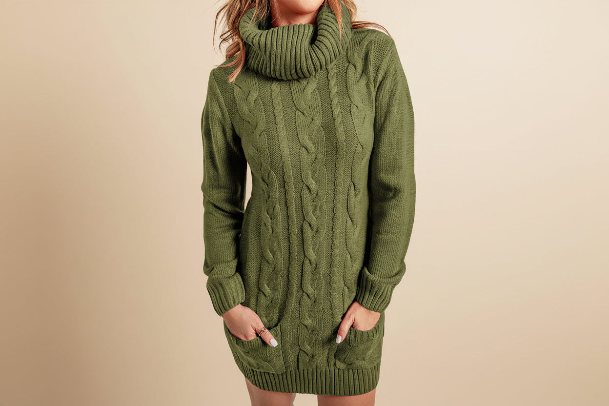 Olive Cowl Neck Cable Knit Sweater Dress — Front View
