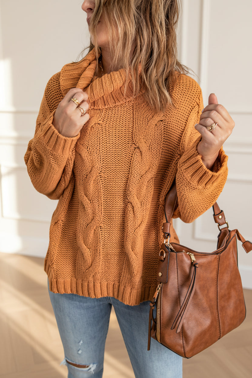 Cable-Knit Handmade Turtleneck Sweater — Detail View 1