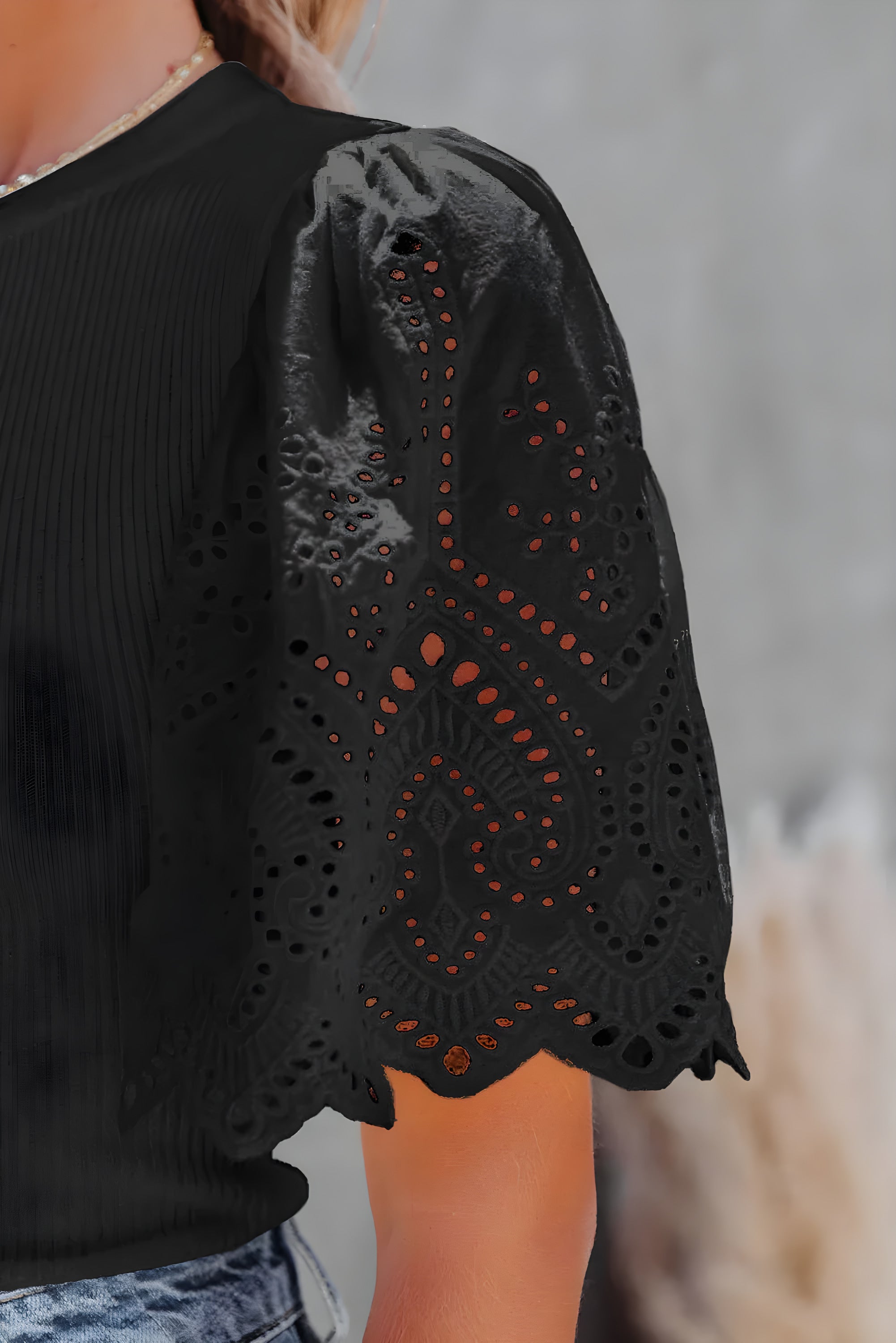 ELNOVÉ Aurélie Scalloped Eyelet Sleeve Ribbed Knit Top