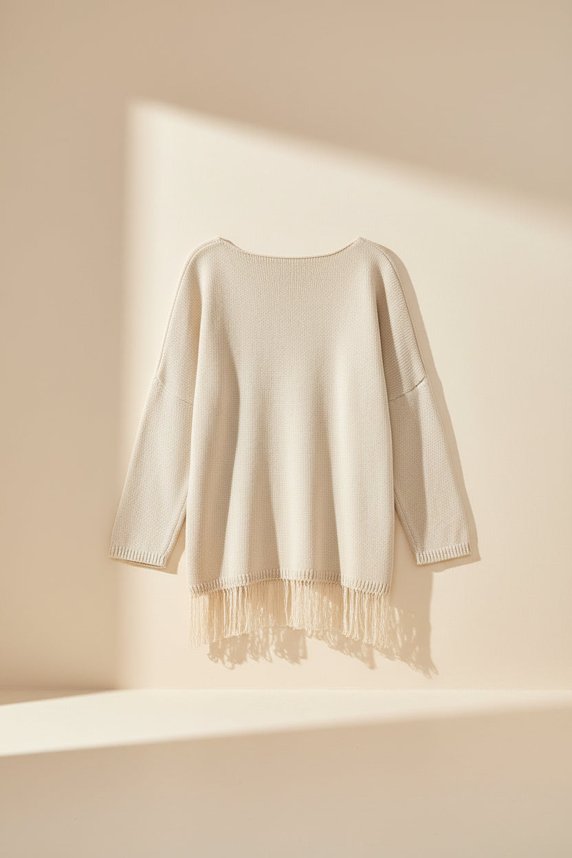 Khaki Lightweight Knit Fringe Hem Sweater — Detail View 11