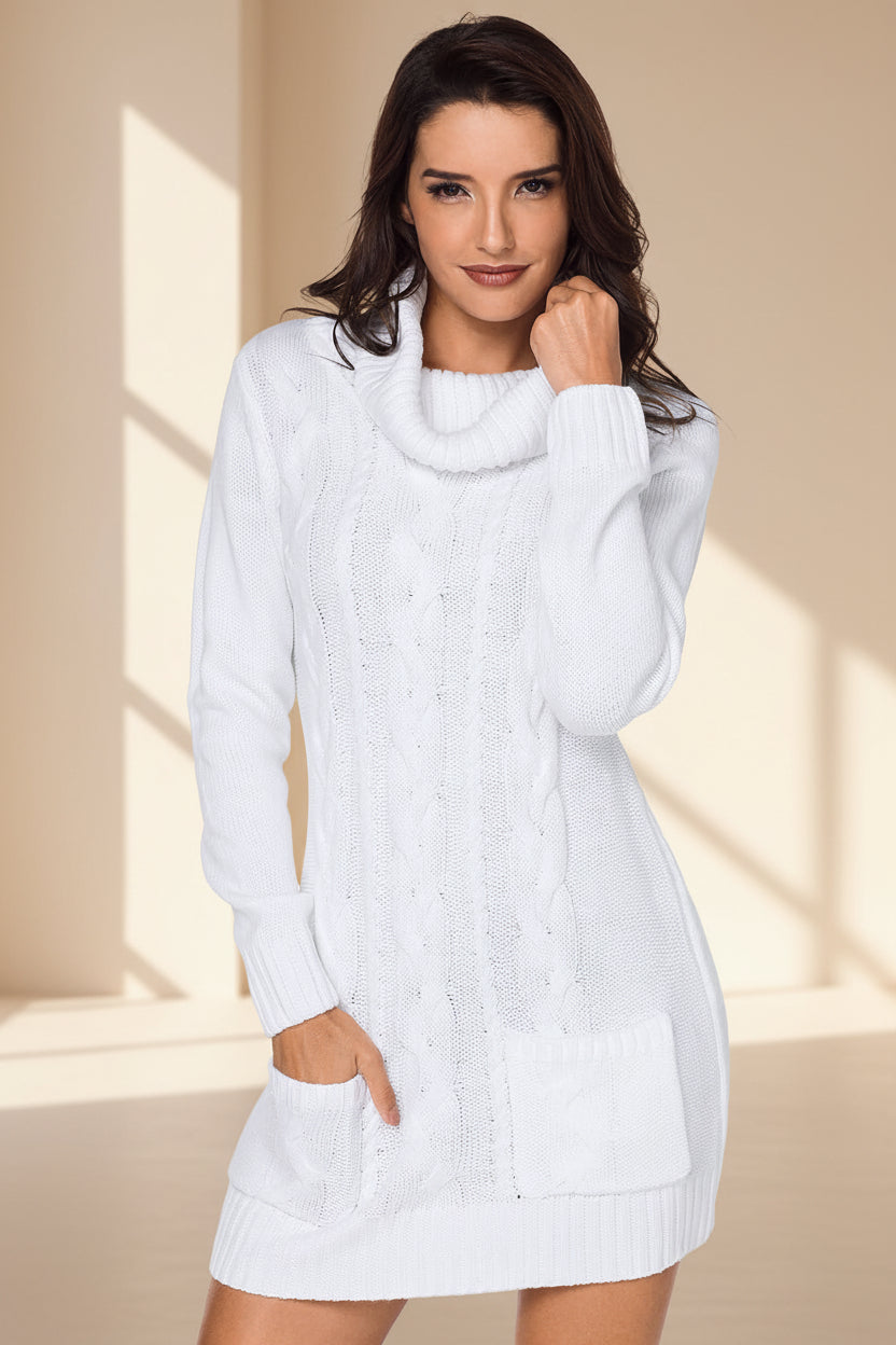 Olive Cowl Neck Cable Knit Sweater Dress — Detail View 12