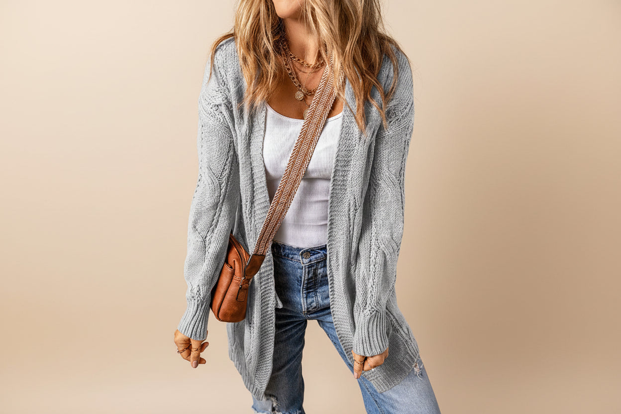 Ribbed Trim Eyelet Cable Knit Cardigan — View 54