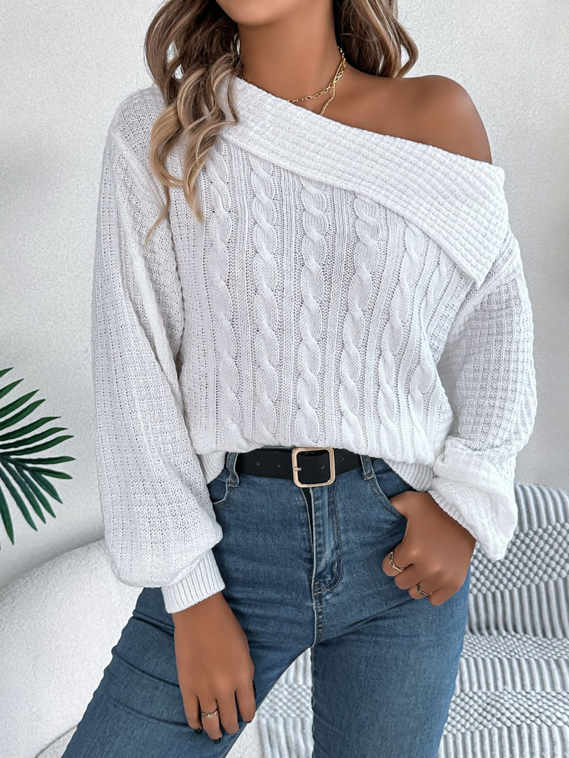 ELNOVÉ Amélie One-Shoulder Cable-Knit Sweater #Color_White