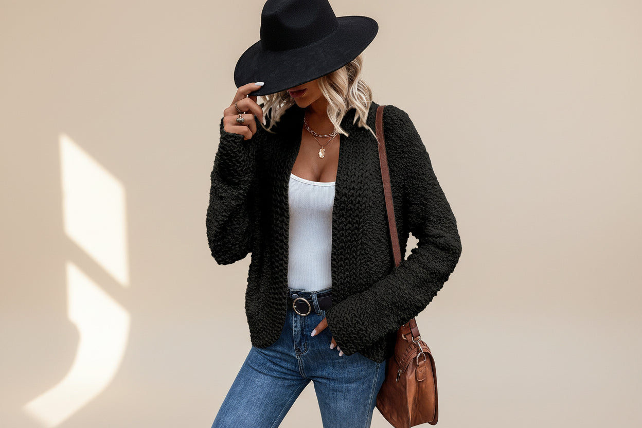 Red Popcorn Knit Open Front Cardigan — Back View